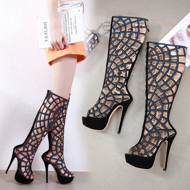 Hollow Rhinestone High Heels, Knee-High Boots