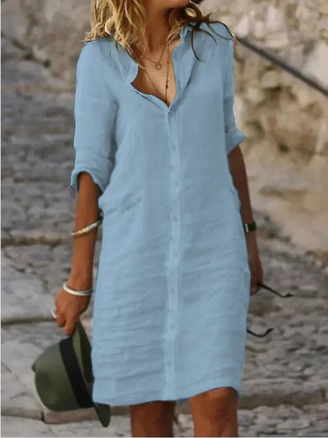 Loose Buttoned Cotton-Linen Shirt Dress