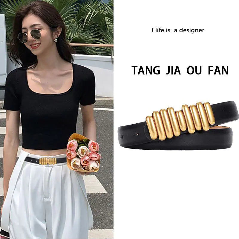 Genuine Leather Women's Belt for Jeans - Fashionable Brown