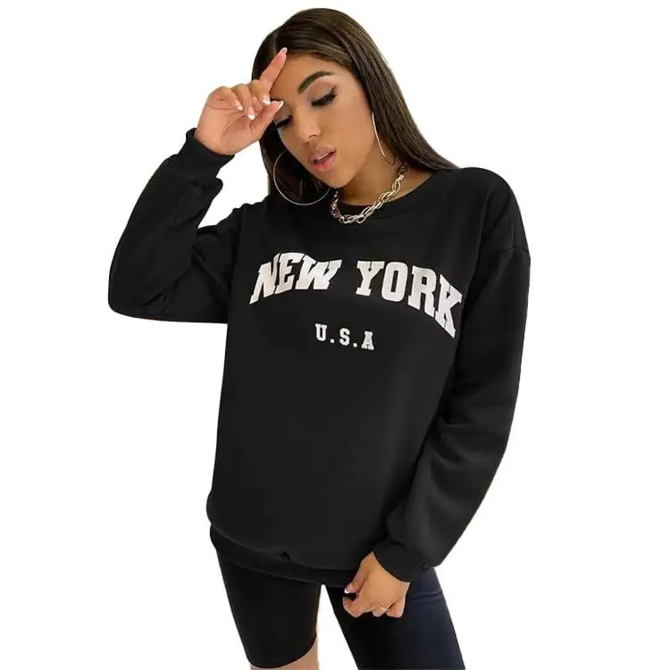 Loose Women's Sweater with Round Neck and Print Design