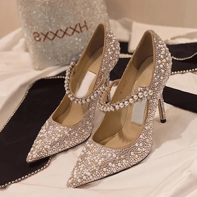 Crystal Pointed Toe Stiletto High Heels for Banquet