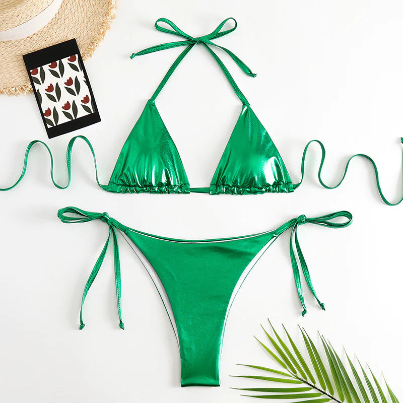Metallic Lace-Up Bikini Set