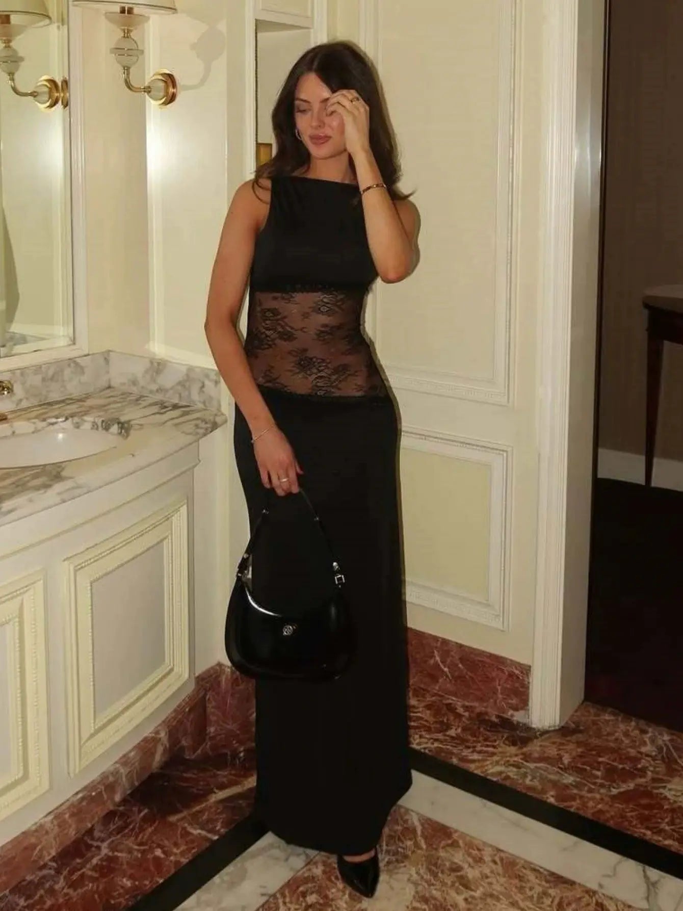 Elegant Sheer Lace Backless Dress
