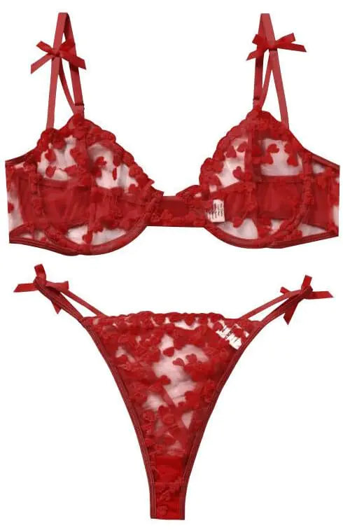 Sexy Womens Underwire Strappy Embroidered Mesh Sheer Lingerie V Neck Set See Bra 2 Piece (Red XXL)