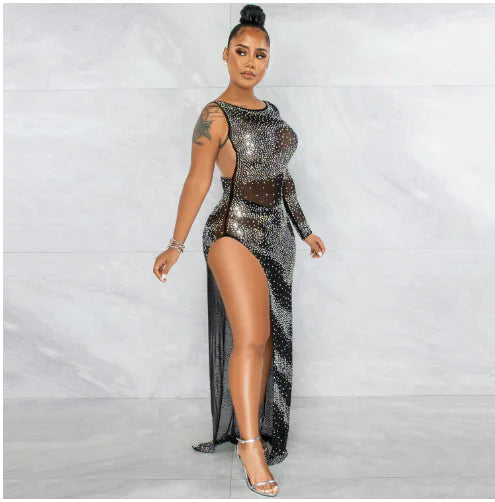Fashion Nightclub Irregular Slit Maxi Dress with Sleeves