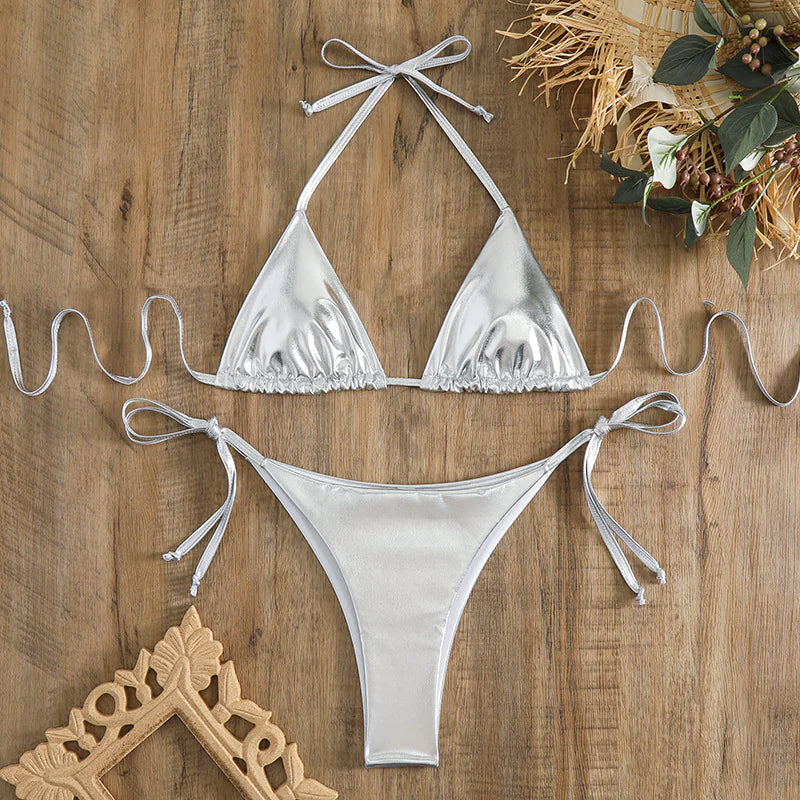 Metallic Lace-Up Bikini Set
