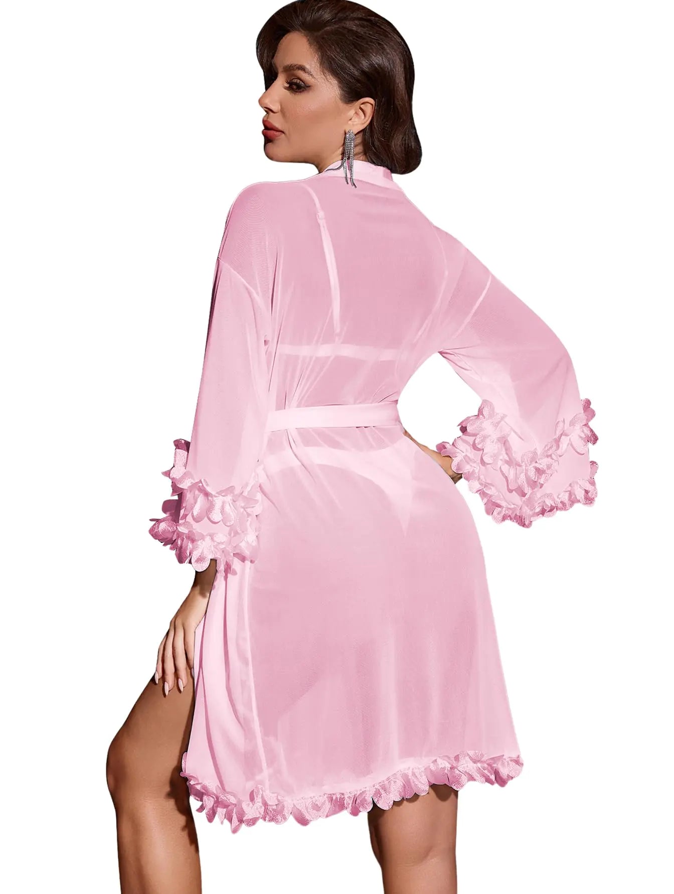 Womens Mesh Sheer Appliques Trumpet Floral Sleeve Belted Sleep Robe Bridal Wedding Lingerie Pink X-Large