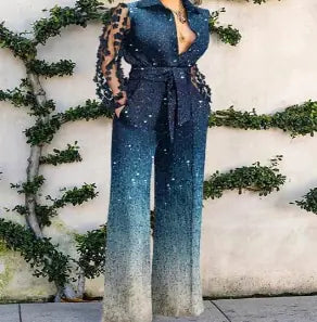 Elegant Overalls with Lace Panel Flare Pants (One Set)