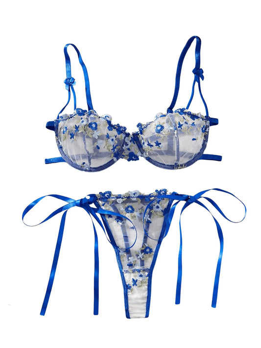 Womens Floral Lingerie Sexy Underwire Mesh Push Up Bra and Panty Set Blue X-Small