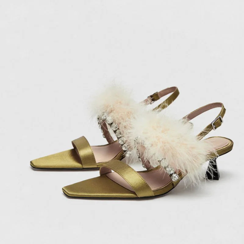 Crystal Feather Satin Women's High Heels Sandals