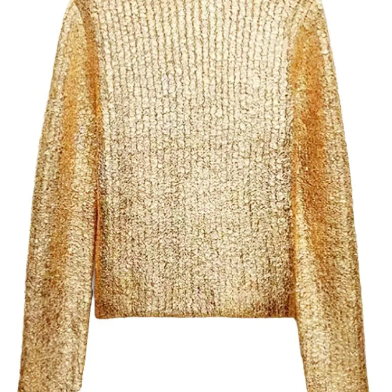 Fashionable Long Sleeve Knit Sweater with Gold Print
