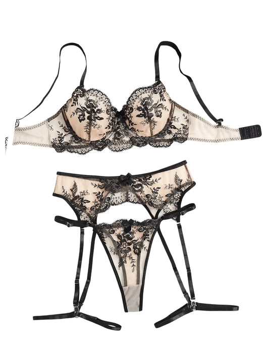 Womens Floral Embroidery Underwire Bra and Panty Garter Lingerie Sets Black Large