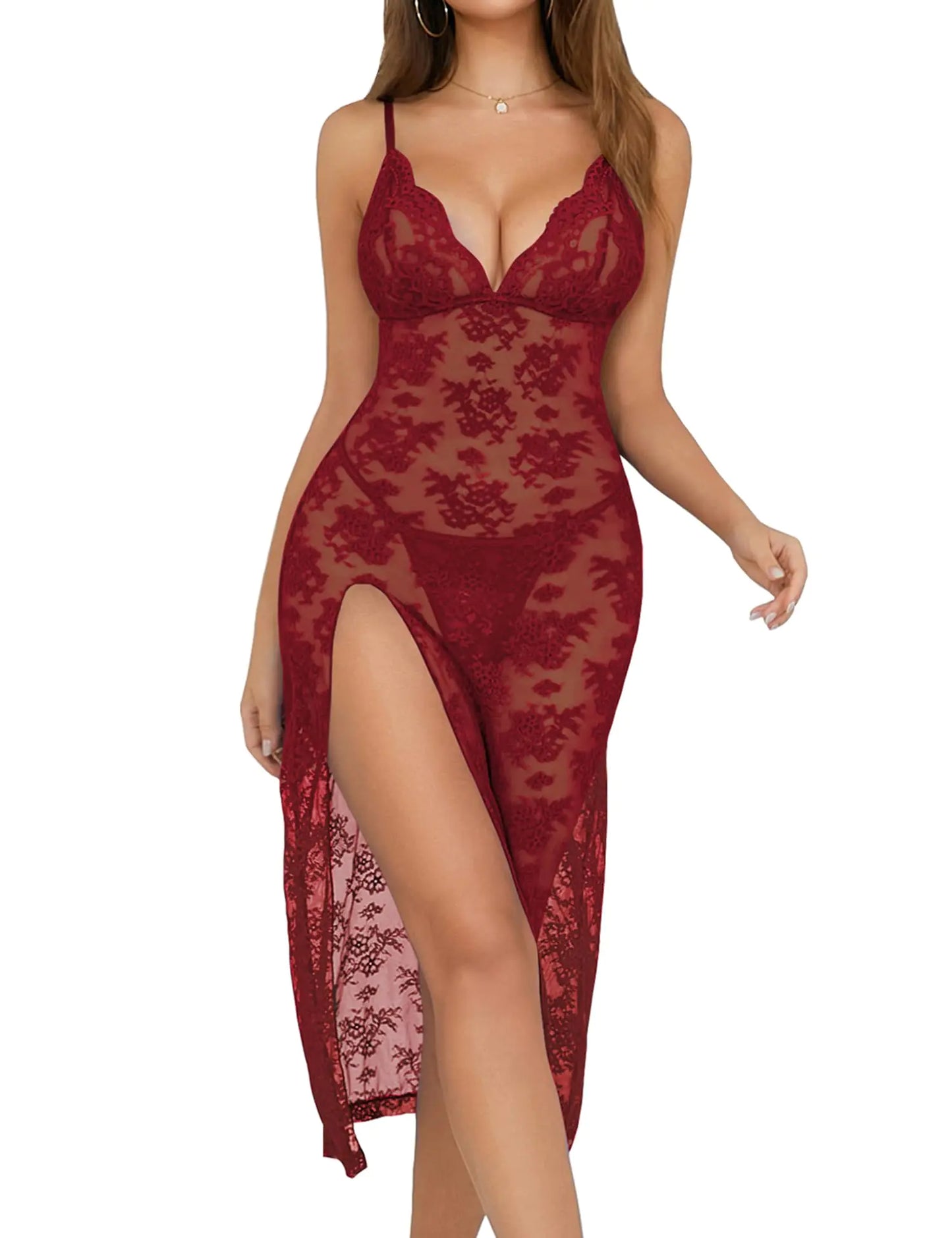 Womens Lingerie Sexy V Neck Lace Mesh Babydoll Sleepwear Nightgown Long Side Split Sleep Dress(Wine Red Large)