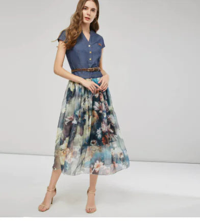 Stylish Denim Print V-Neck Dress for Women