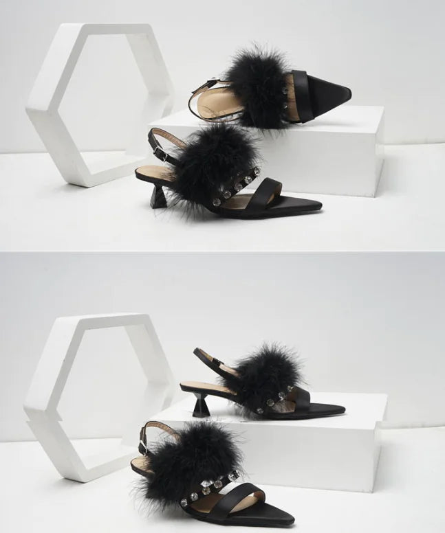 Crystal Feather Satin Women's High Heels Sandals