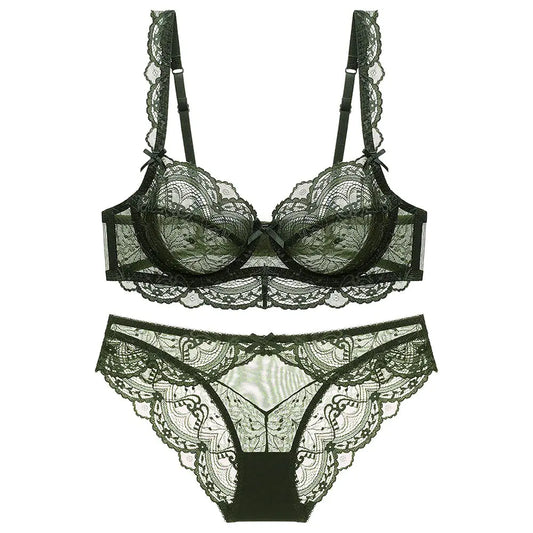Womens Lace Bra and Panty Sets Underwired Sexy Lingerie Set Push Up Sheer Bras(Dark Green36C)