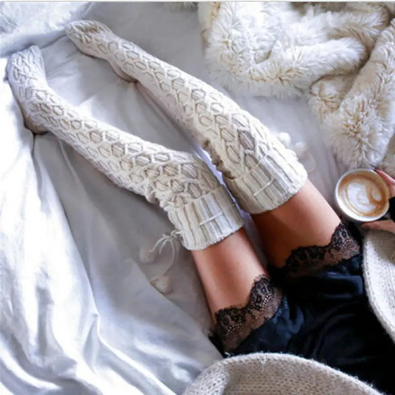 Knee-High Pile Socks with Pom Poms