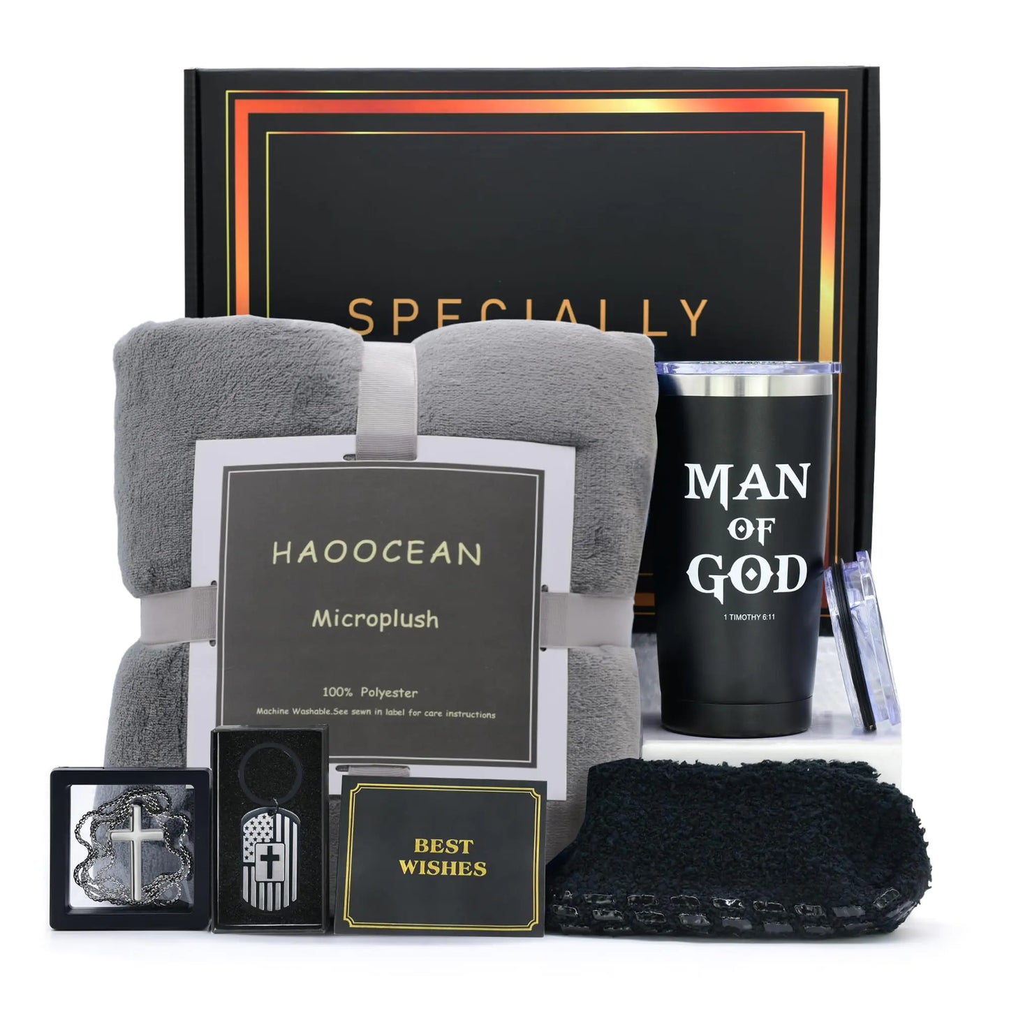 LUDUEIKSW Christian Gifts for Men Pastor Appreciation Gifts Set Religious Gift Box for Dad Grandpa Husband Brother Friends Catholic Gifts Basket with Tumbler Blanket