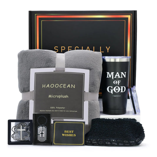 LUDUEIKSW Christian Gifts for Men Pastor Appreciation Gifts Set Religious Gift Box for Dad Grandpa Husband Brother Friends Catholic Gifts Basket with Tumbler Blanket