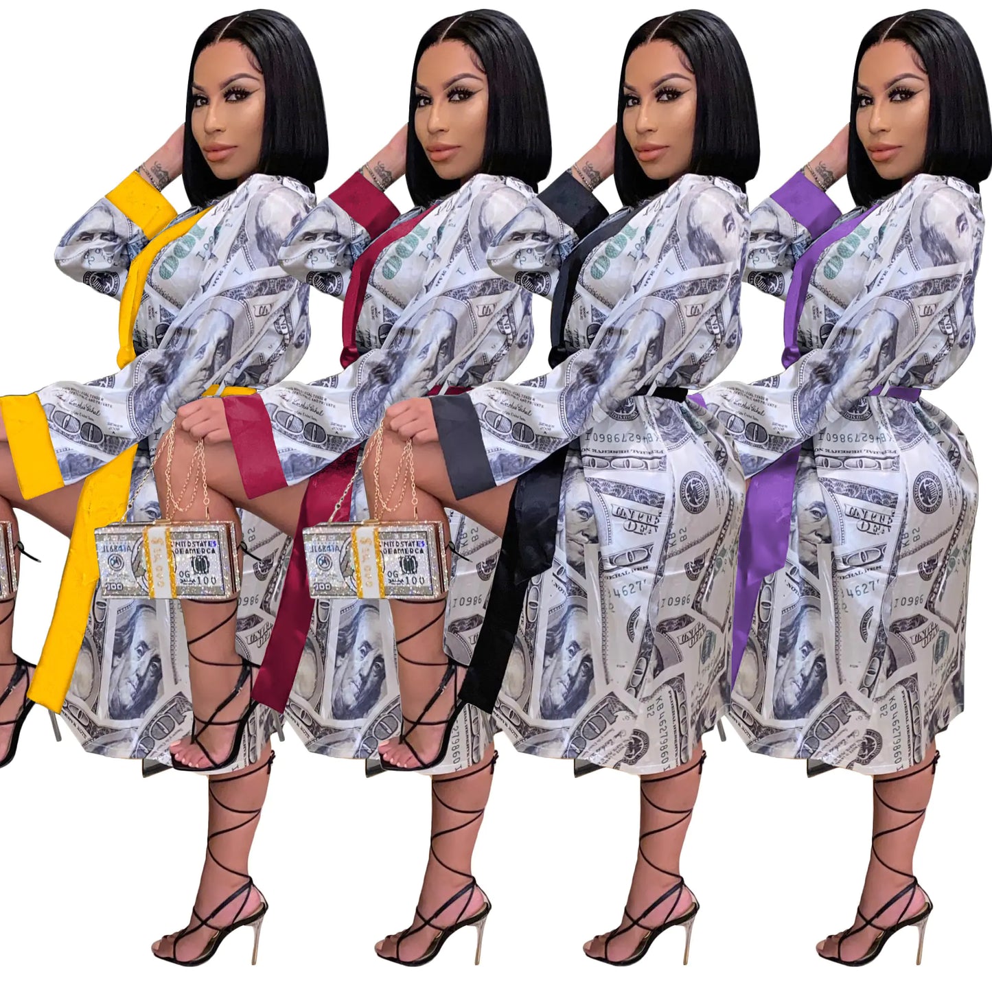 Fashionable Women's Long Printed Robe with Belt