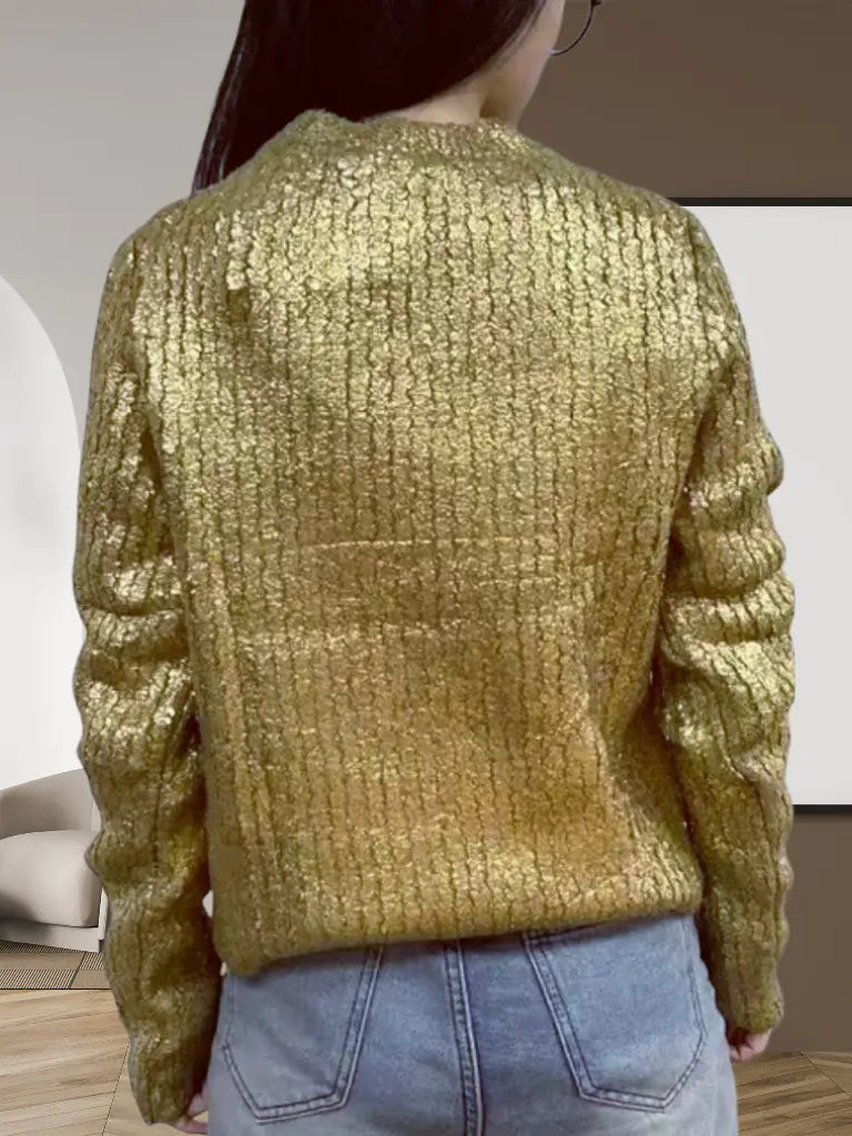 Fashionable Long Sleeve Knit Sweater with Gold Print