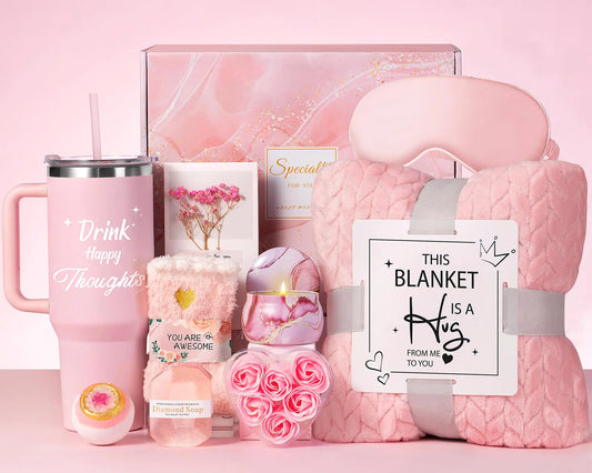 Birthday Gifts for Women - Valentines Day Relaxing Spa Gifts -Self Care Get Well Soon Gift Baskets - Happy Birthday Gift Set W/ Flannel Blanket & 40 OZ Tumbler for Mom Wife Her Best Friend Sister