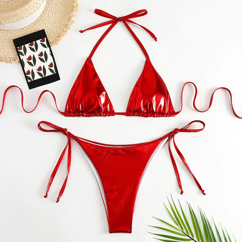 Metallic Lace-Up Bikini Set