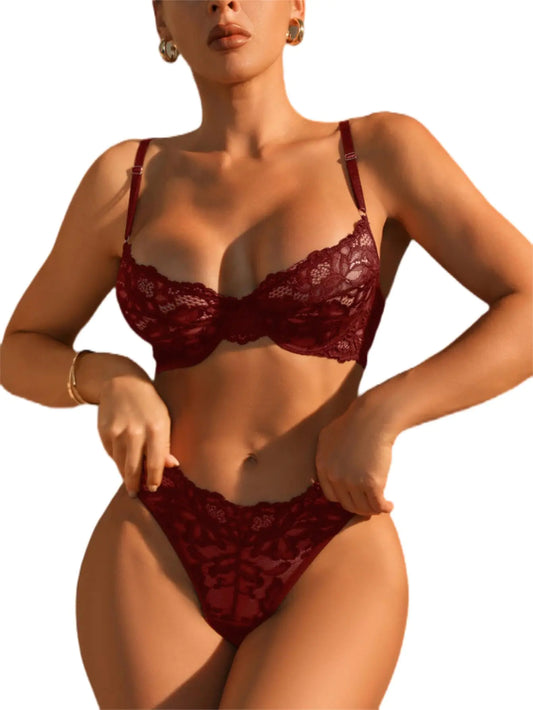 Womens Floral Lace Sheer Underwire Bralette Bra and Panty Lingerie Set Plain Burgundy XL