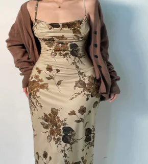 Floral Pattern Maxi Dress with Open Back (One Piece)
