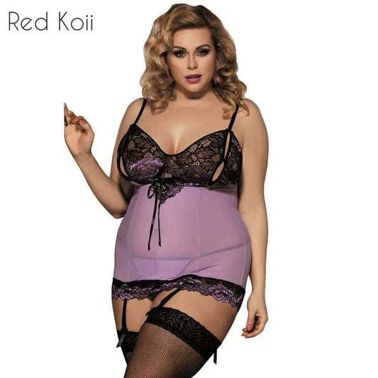 Plus Size Lace Bodysuit with Garter Sleepwear