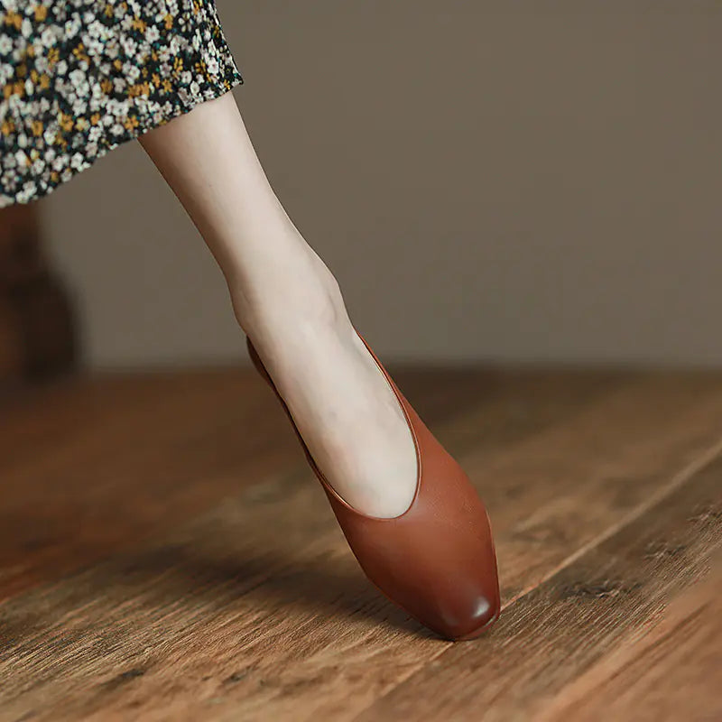 Leather Wood Grain Chunky Heel Retro Shoes for All Seasons