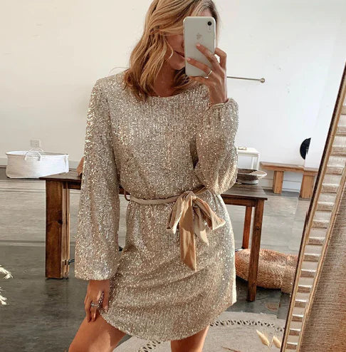 Elegant Beige Glitter Dress for Special Occasions