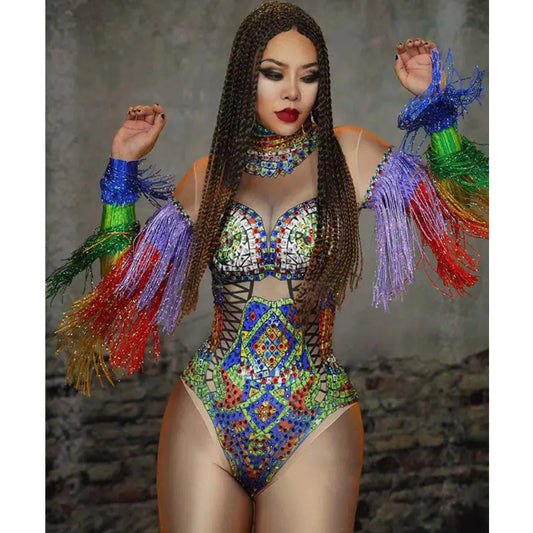 Rhinestone Tassel Jumpsuit for Nightclub Performance