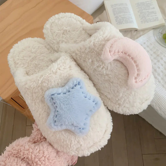 Heart Shaped Star Moon Plush Slippers for Women