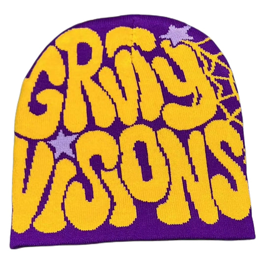 yolrdiw Women Beanie Y2k Letter Graphic Soft Warm Knitted Hats Winter Cap Purple/Yellow