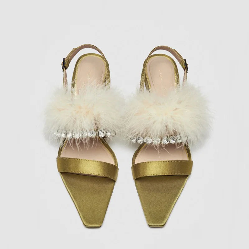 Crystal Feather Satin Women's High Heels Sandals