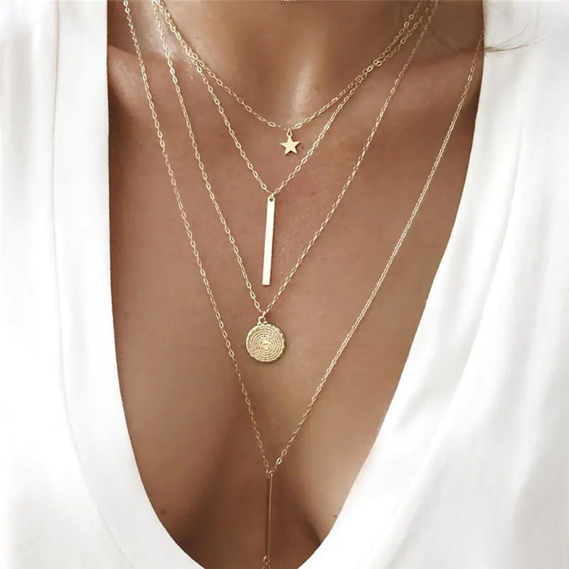 Star Pendant with Long Rod, Multi-layer Necklace Set