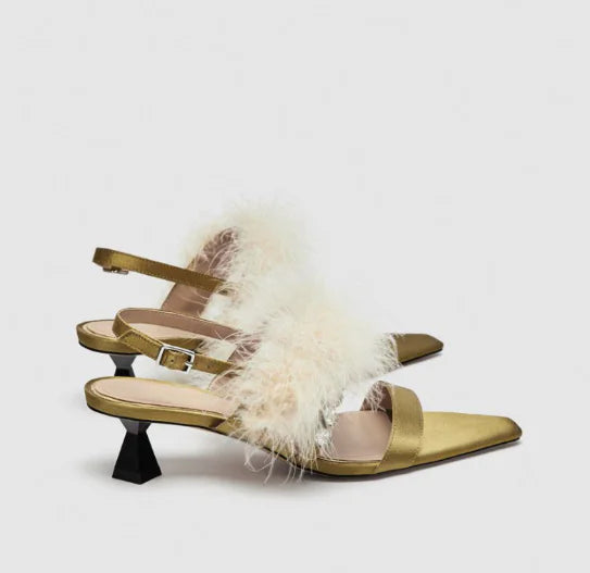 Crystal Feather Satin Women's High Heels Sandals