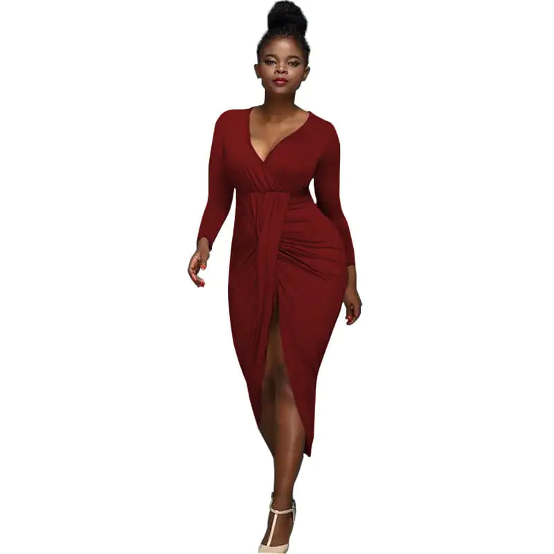 Irregular Long-Sleeved V-Neck Dress
