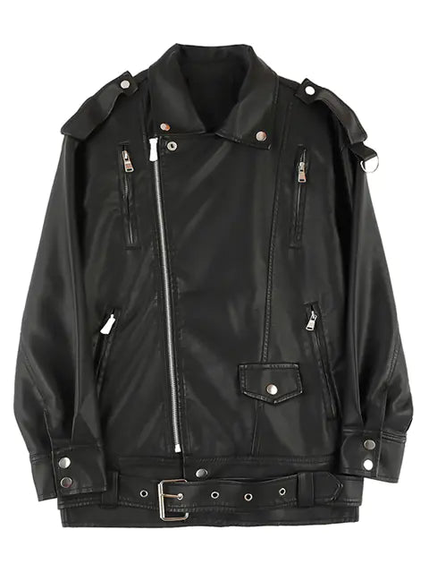 Sungtin Women's Black Faux Leather Jacket with Belt