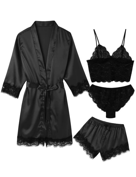 Womens Sleepwear Satin Pajama 4 Piece Silk Lingerie Floral Lace Cami Pj Set with Robe Black