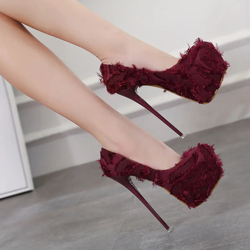Open-Toe Heels, Fabric Heels, Frayed Heels for Nightclub