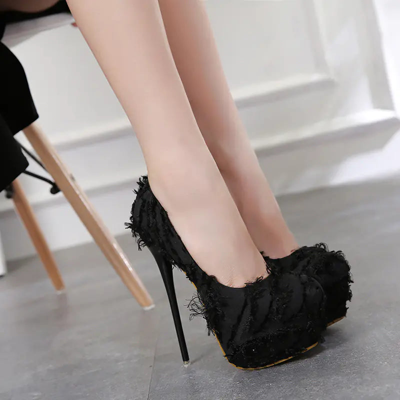 Open-Toe Heels, Fabric Heels, Frayed Heels for Nightclub