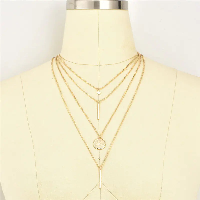 Star Pendant with Long Rod, Multi-layer Necklace Set