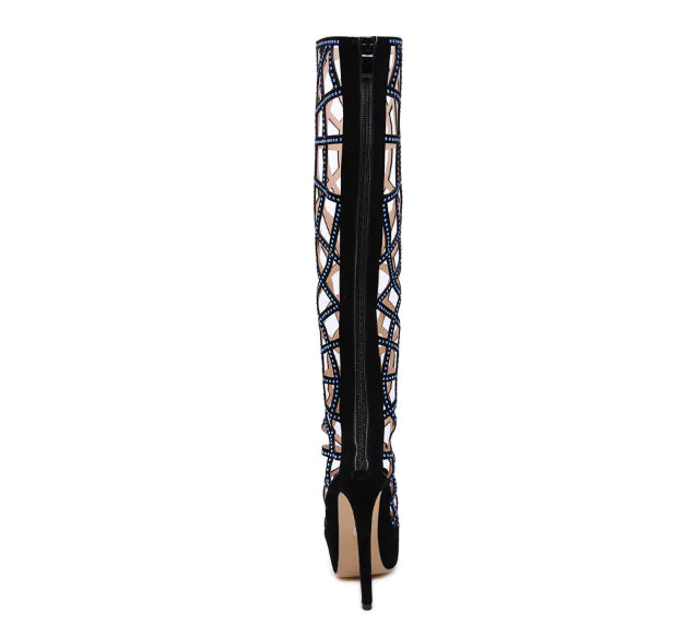Hollow Rhinestone High Heels, Knee-High Boots