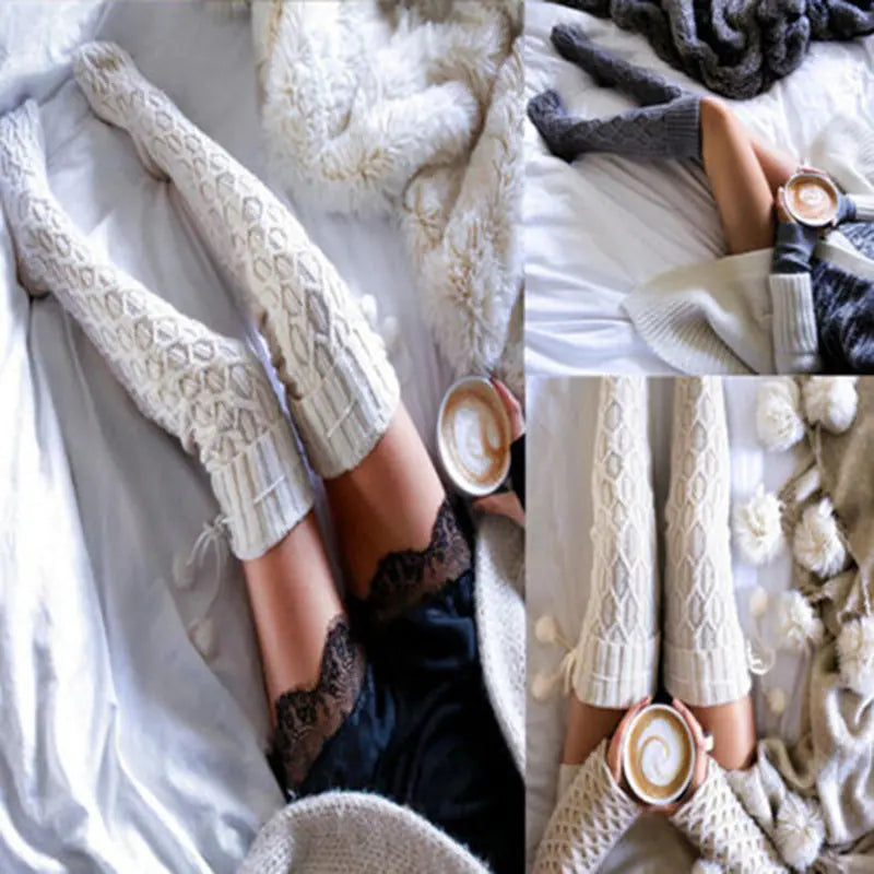 Knee-High Pile Socks with Pom Poms