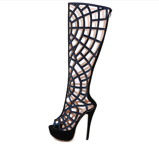 Hollow Rhinestone High Heels, Knee-High Boots