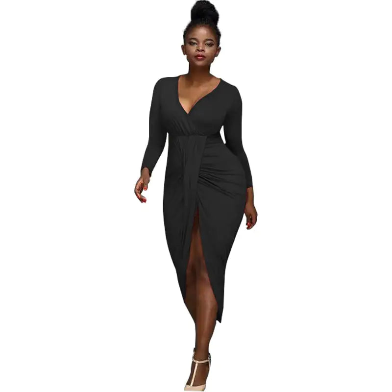 Irregular Long-Sleeved V-Neck Dress