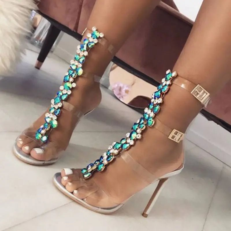 Transparent High Heels with Colorful Rhinestones