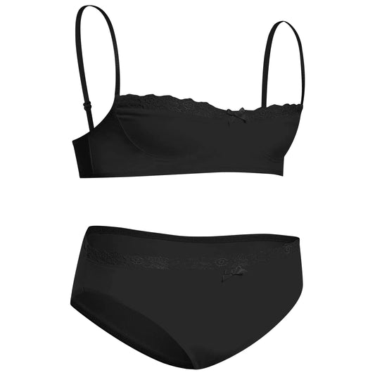 Sissy Bra Floral Lace Panties set Crossdressing Outfits Bowknot Bikini Briefs Underwear Clothes Black XX-Large